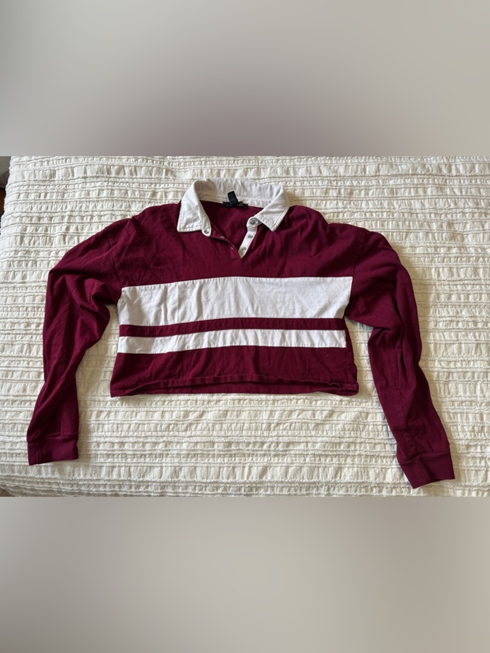 Forever 21 Maroon and White Cropped Rugby-Style Polo